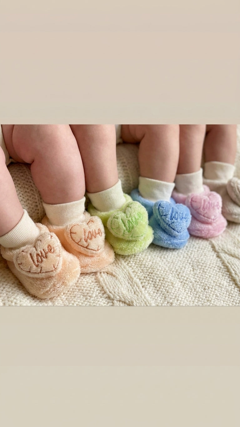 Newborn Baby Booties Set (Pack of 5) – Soft Plush Socks with Embroidered "Love" Heart Design