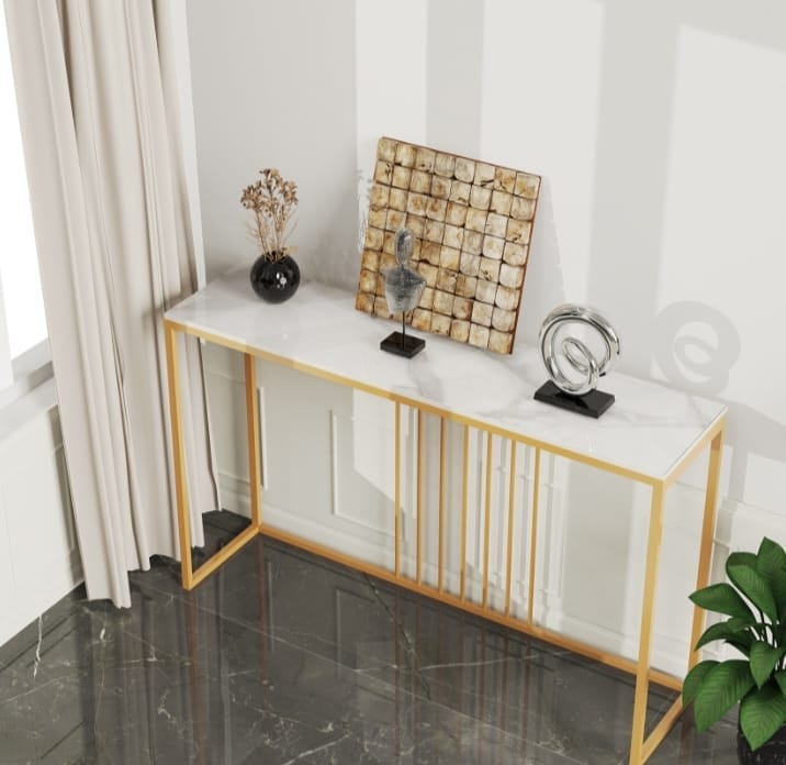Modern Luxury Console Table – Gold Iron Frame with Waterproof Faux Marble Top