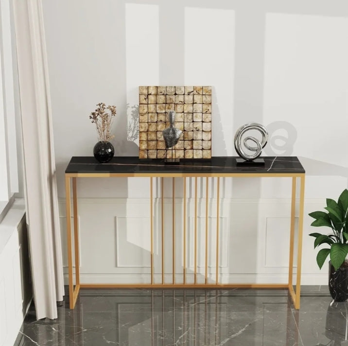 Modern Luxury Console Table – Gold Iron Frame with Waterproof Faux Marble Top