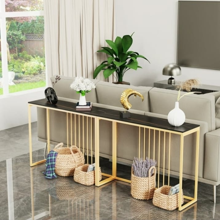 Modern Luxury Console Table – Gold Iron Frame with Waterproof Faux Marble Top