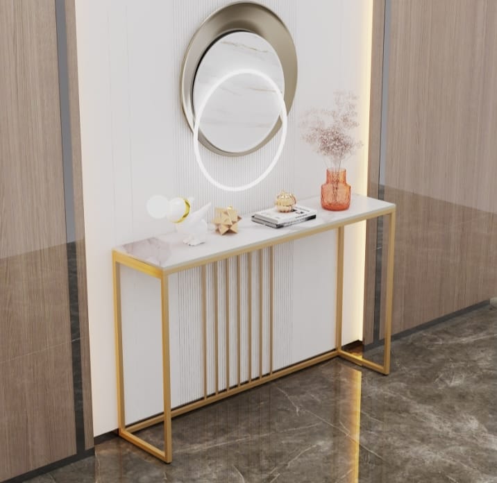 Modern Luxury Console Table – Gold Iron Frame with Waterproof Faux Marble Top