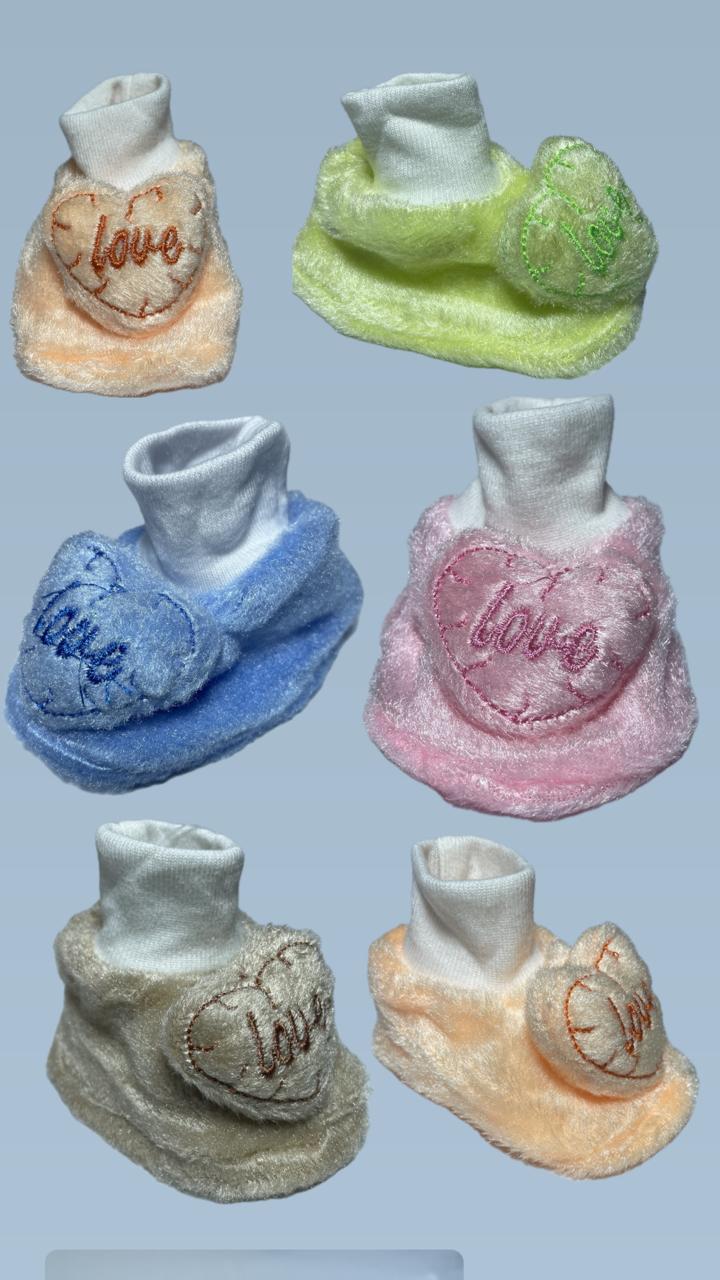 Newborn Baby Booties Set (Pack of 5) – Soft Plush Socks with Embroidered "Love" Heart Design