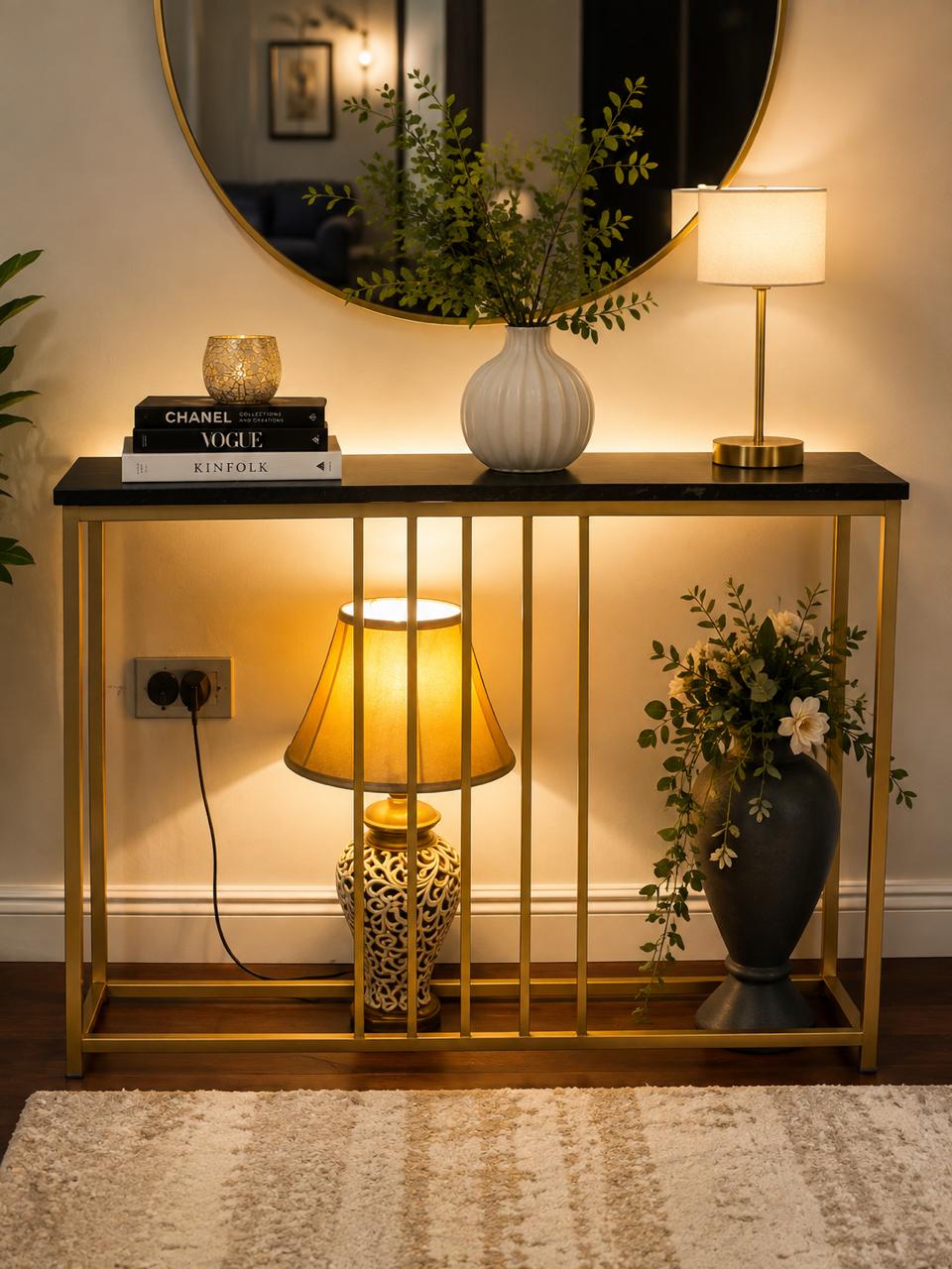Modern Luxury Console Table – Gold Iron Frame with Waterproof Faux Marble Top