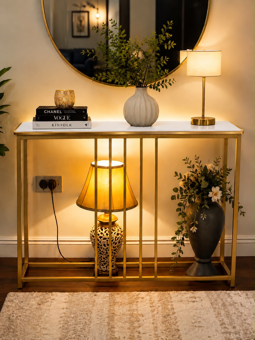 Modern Luxury Console Table – Gold Iron Frame with Waterproof Faux Marble Top