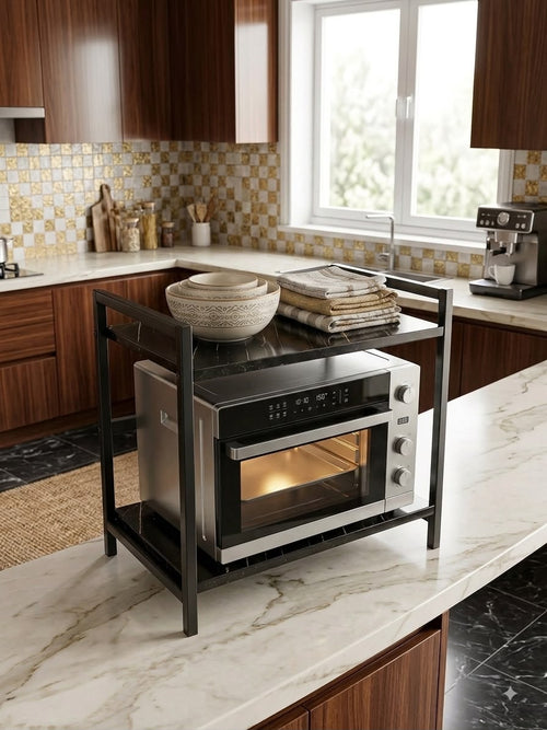 2-Tier Heavy-Duty Microwave Oven Rack – Iron Stand Kitchen Organizer with Waterproof PVC Shelves