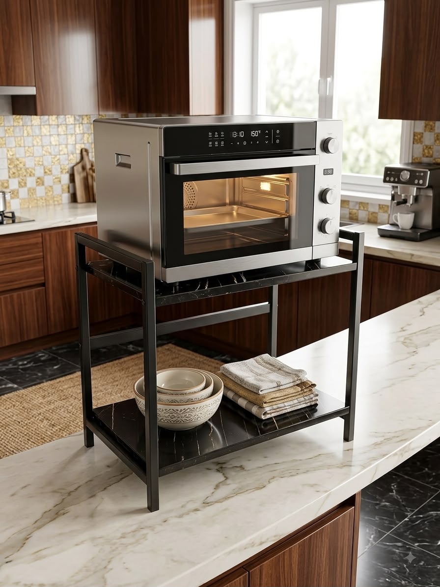 2-Tier Heavy-Duty Microwave Oven Rack – Iron Stand Kitchen Organizer with Waterproof PVC Shelves
